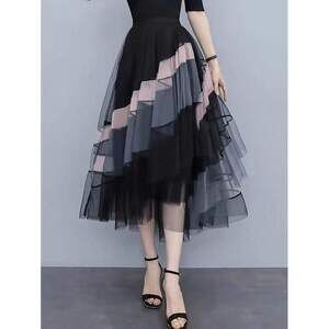 Asymmetrical Patchwork Netted Elegant Skirt, Spring & Summer Black